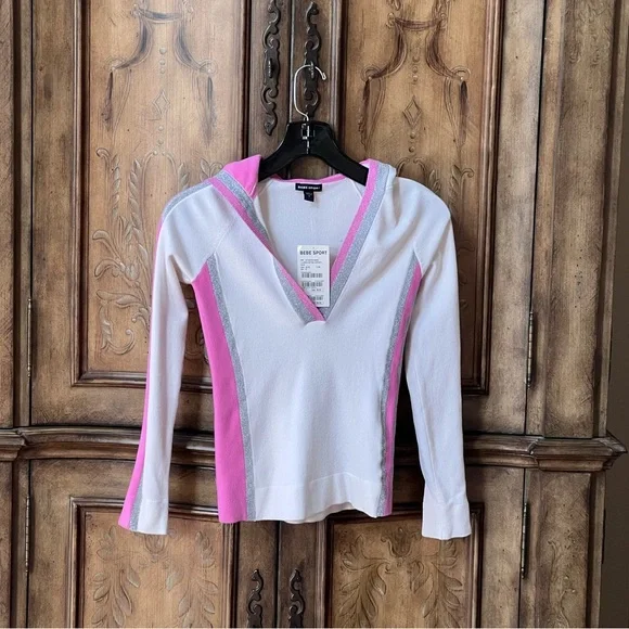 Bebe SPORT NWT White Pink Silver V-Neck Hoodie Long Sleeve Stretch Top Sz S - Picture 3 of 17